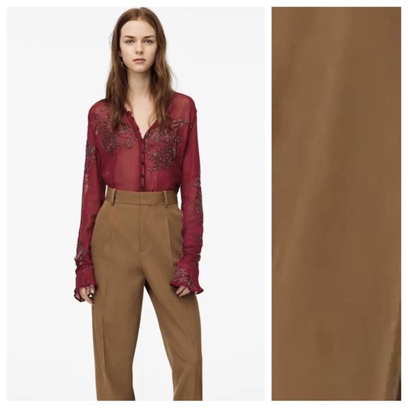NWOT. Zara Limited Edition Camel Viscose Blend High Waist Darted Trousers Size L