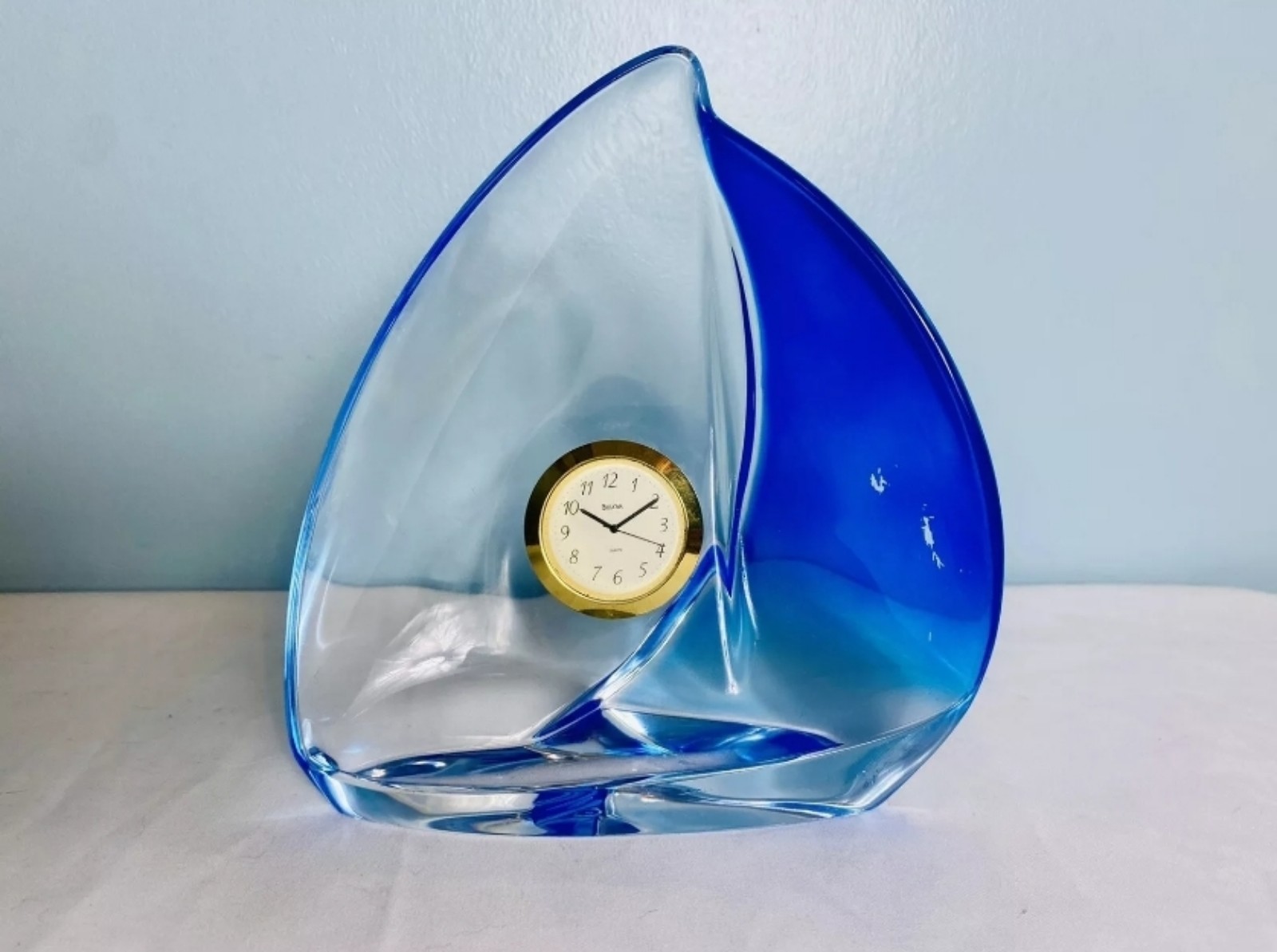 Vintage 8”x7” Hoya Sailboat Bulova Clock Crystal Art Glass Cobalt Blue Japan
