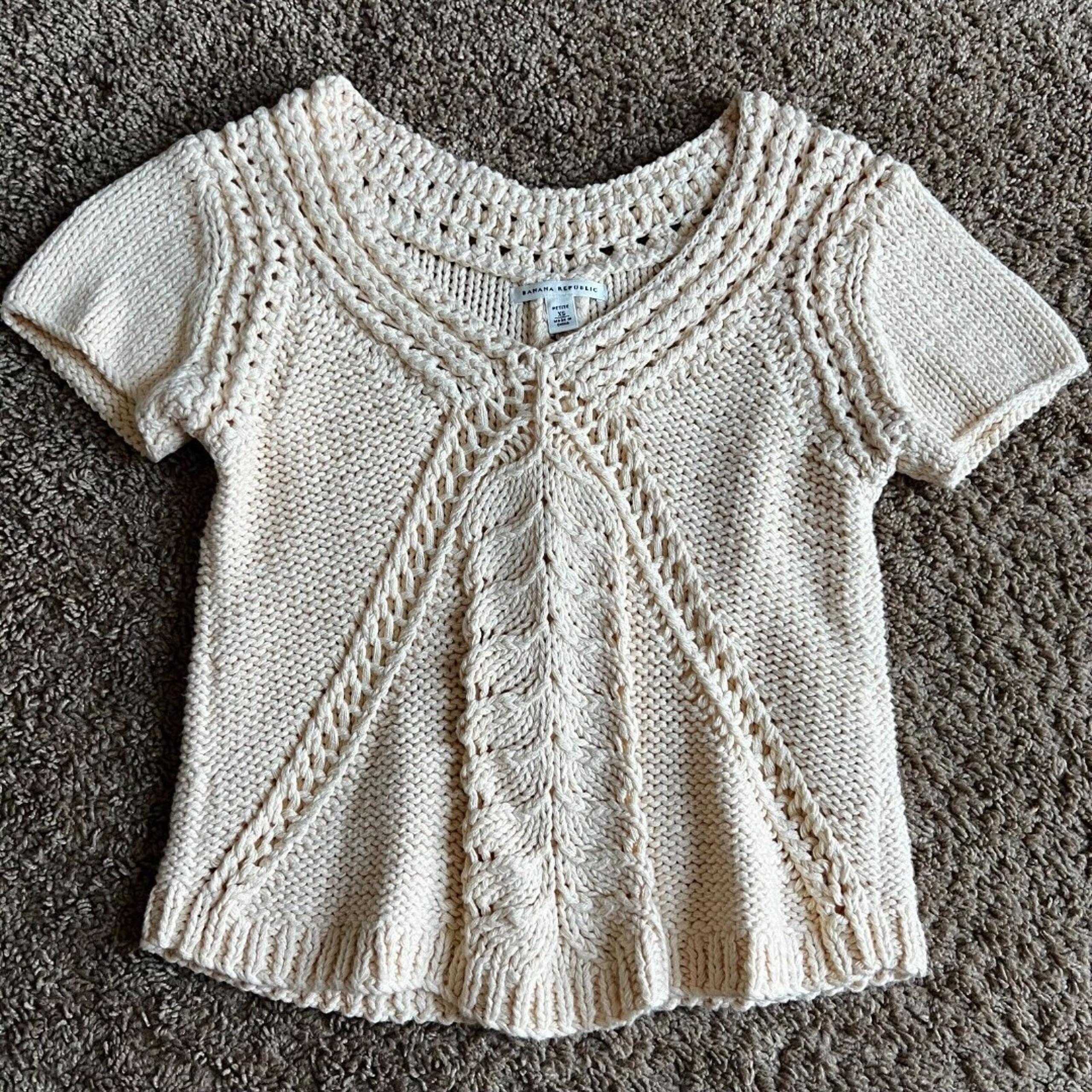 Banana Republic Women's Fisherman Knit Crochet Short Sleeve Ivory Size XS Petite
