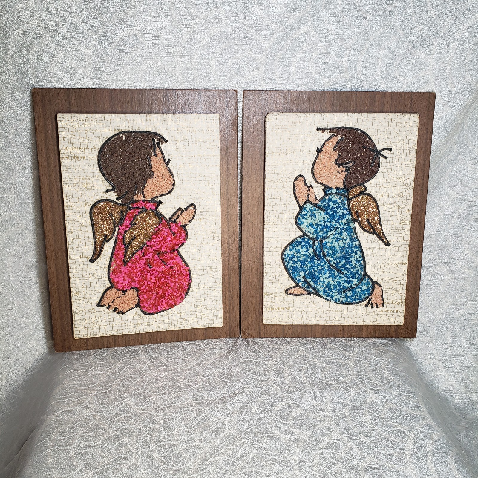 Vintage MCM Girl & Boy Angel Gravel Pebble Art Wall Hanging Pictures Set Of 2