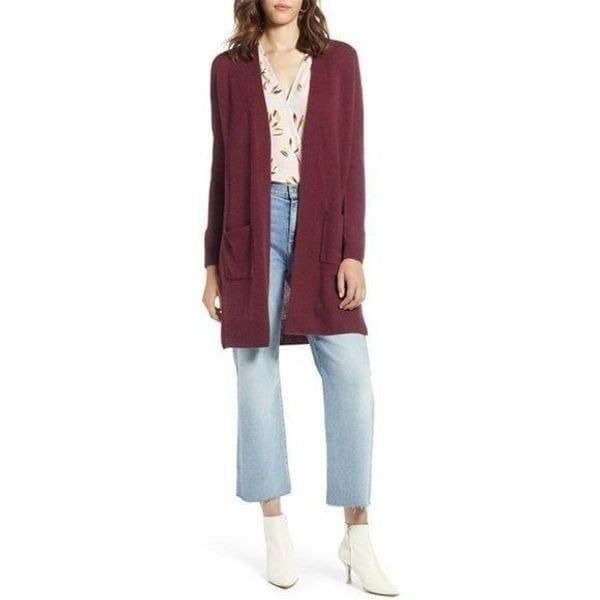 Halogen Wool & Cashmere Long Cardigan size Medium Petite in Burgundy Wine