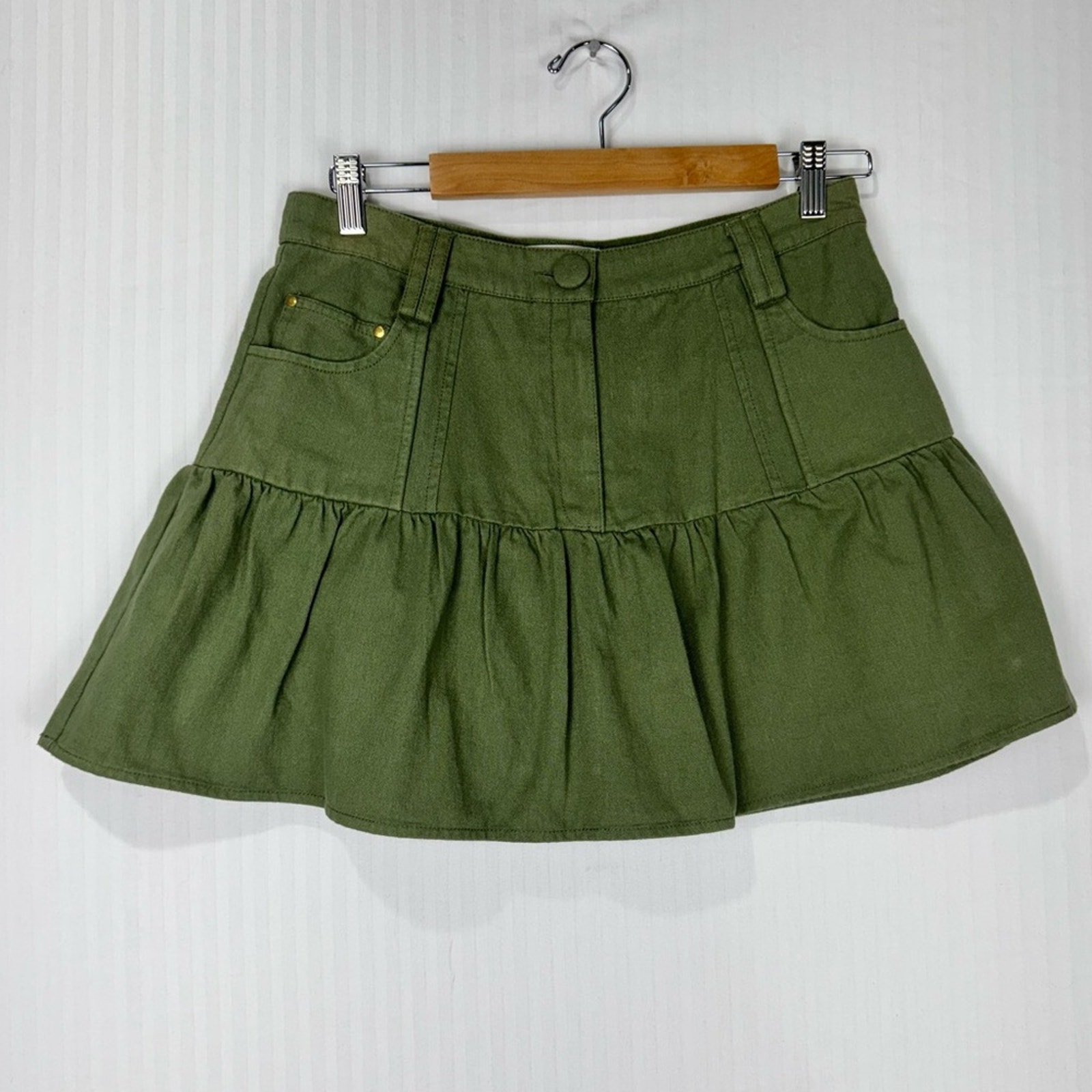 LoveShackFancy Olive Green Dock Mini Skirt Women’s Size 8 Brushed Denim Cotton