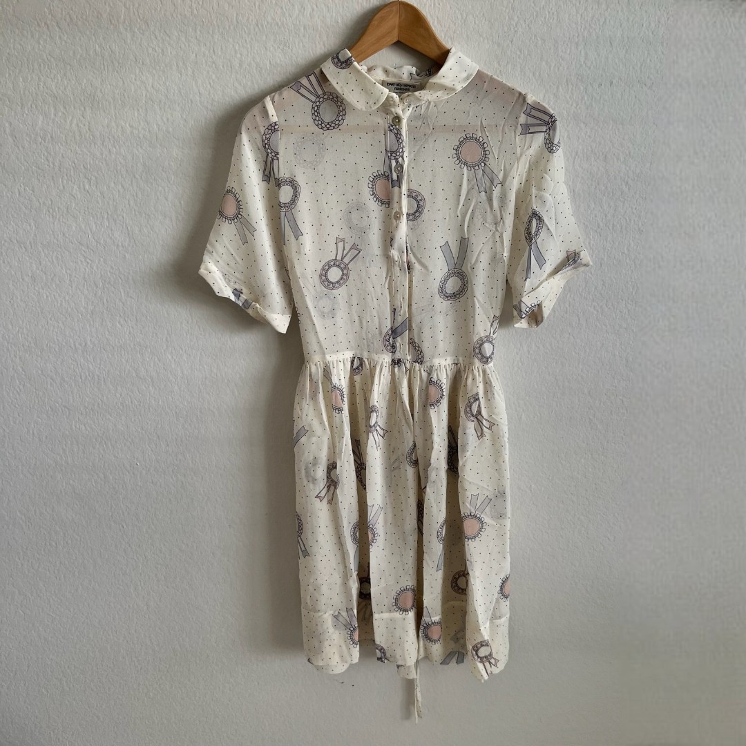 TWENTY-SEVEN Names Short Sleeve Ribbon Dots Mesh Cream Midi Dress Womens S-M