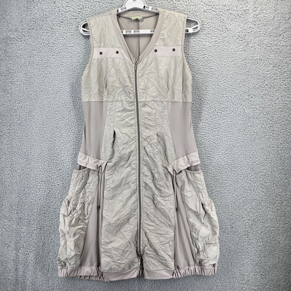 Dolcezza Cargo Dress Women Khaki Brown Crinkle Cinch Waist Pockets Full Zip Art
