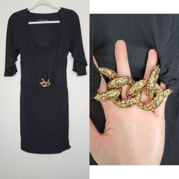 ROBERTO CAVELLI BLACK 3/4 SLEEVE DRESS W/ GOLD LINK EMBELLISHMENT