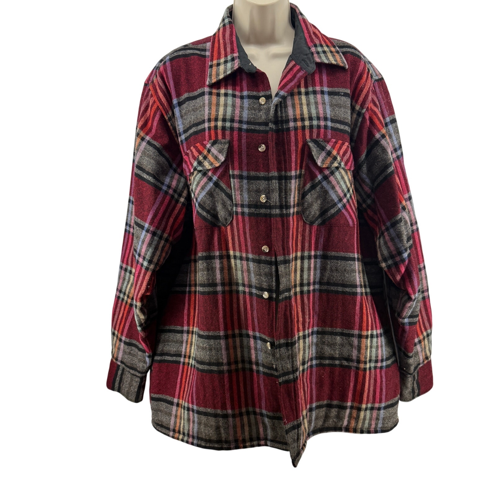 Vintage Strawbridge & Clothier Red Gray Plaid Quilted Button Front Shirt Large
