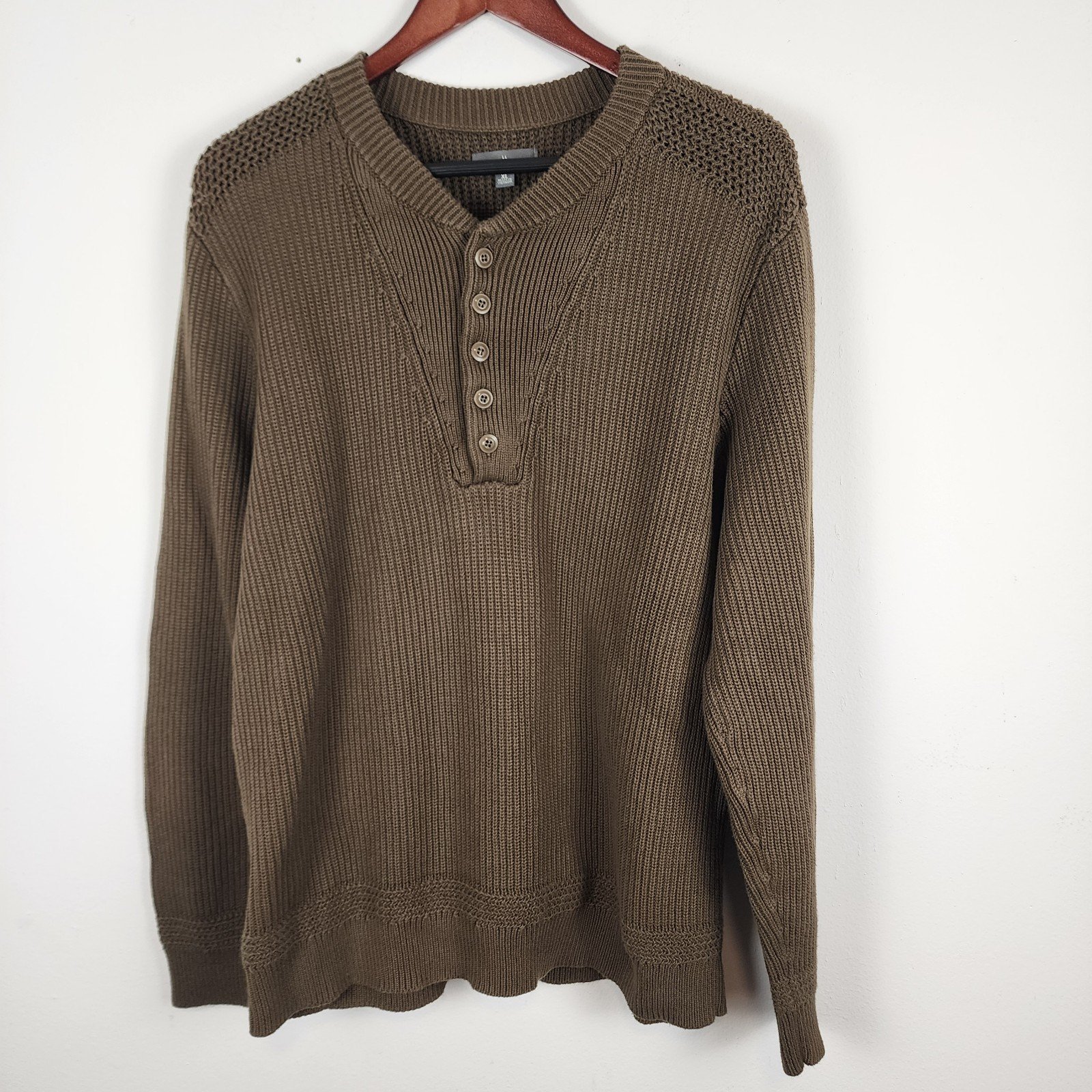 LL Bean Signature Henley Thick Chunky Knit Brown Sweater Men's Size XL