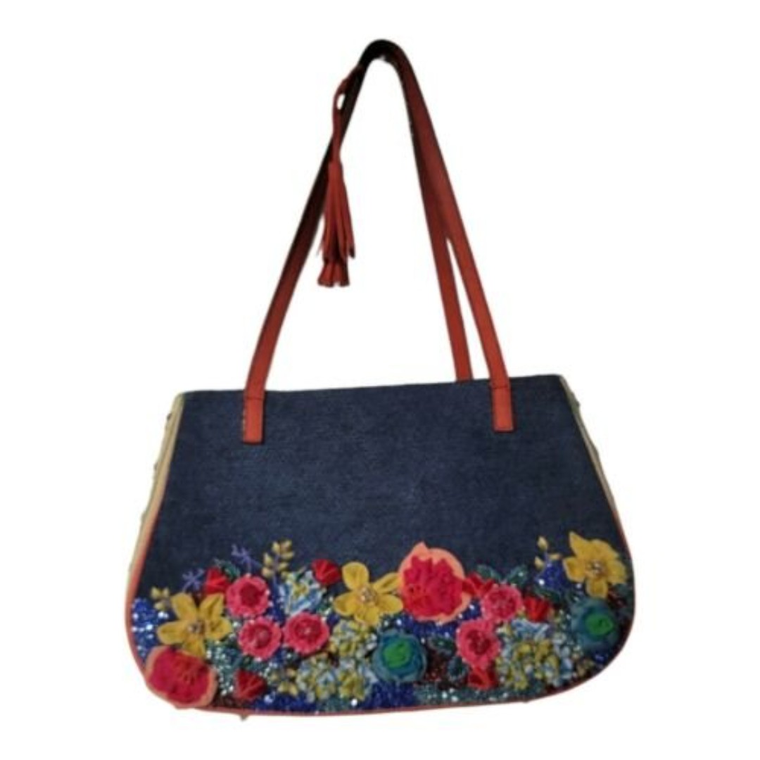 Pat Vini Tan Floral Sequin Beaded Shoulder Purse Handbag