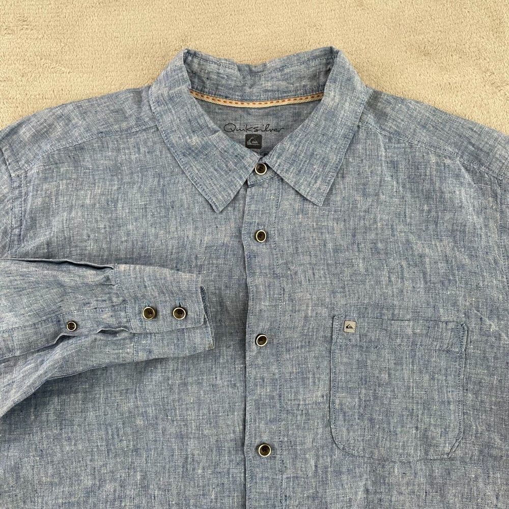 Quiksilver Shirt Men Large Blue Chambray 100% Linen Long Sleeve Beach Surf NWOT