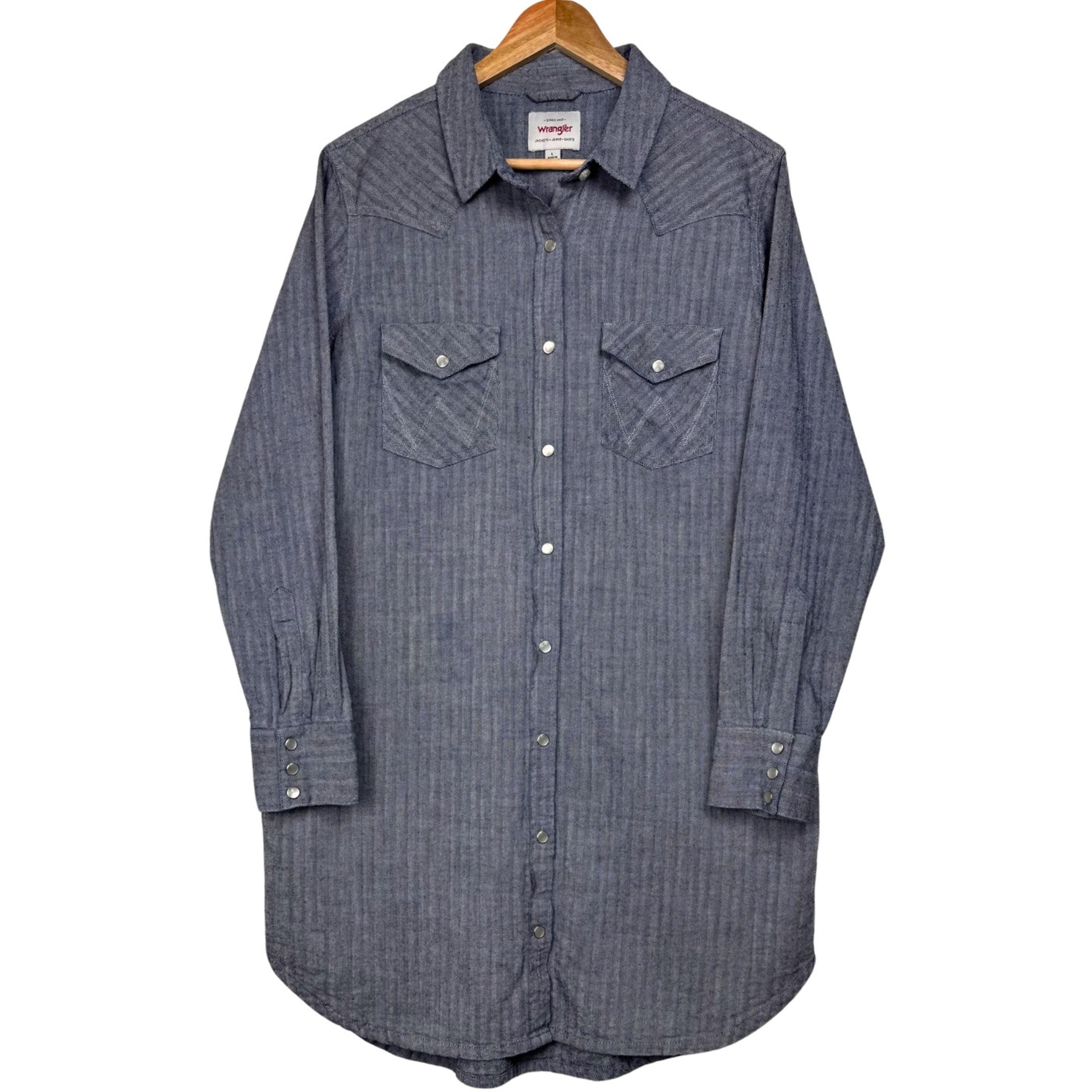 Wrangler Shirt Dress Women Herringbone Pearl Snap Long Sleeve Large Grey Western