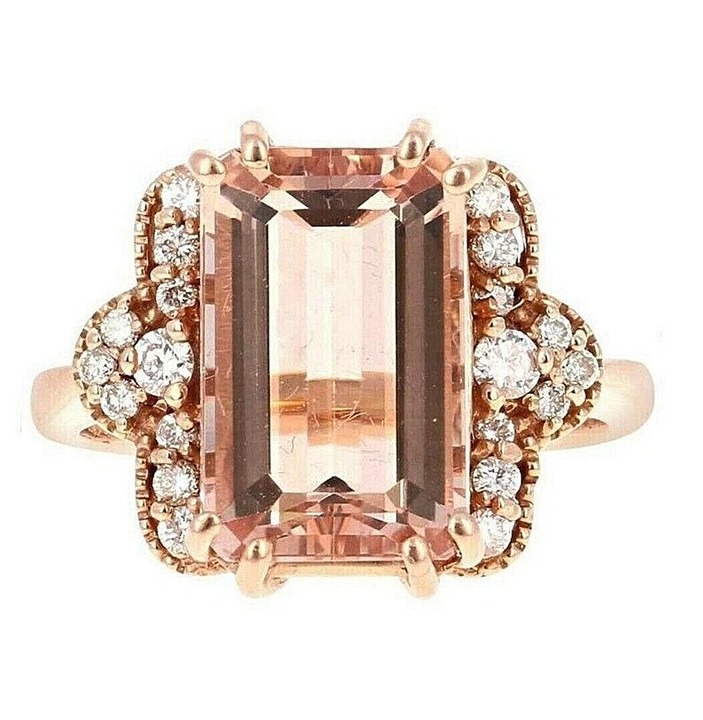 6.45Ct Natural Emerald Cut Peach Morganite & Diamond Halo Solitaire Ring