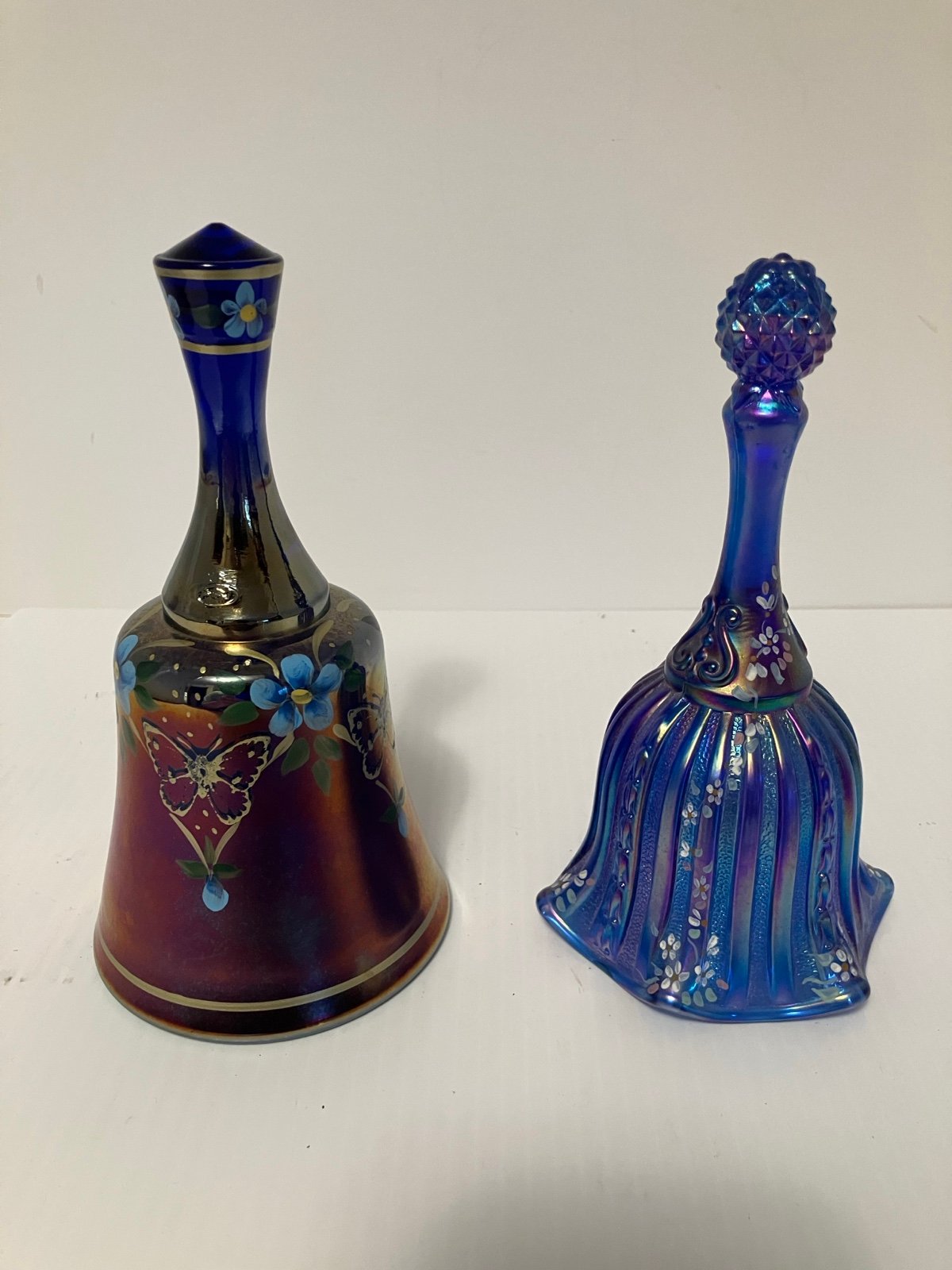 (2) Fenton Carnival Glass Bells Hand Painted Blue Butterfly Floral 7” Signed