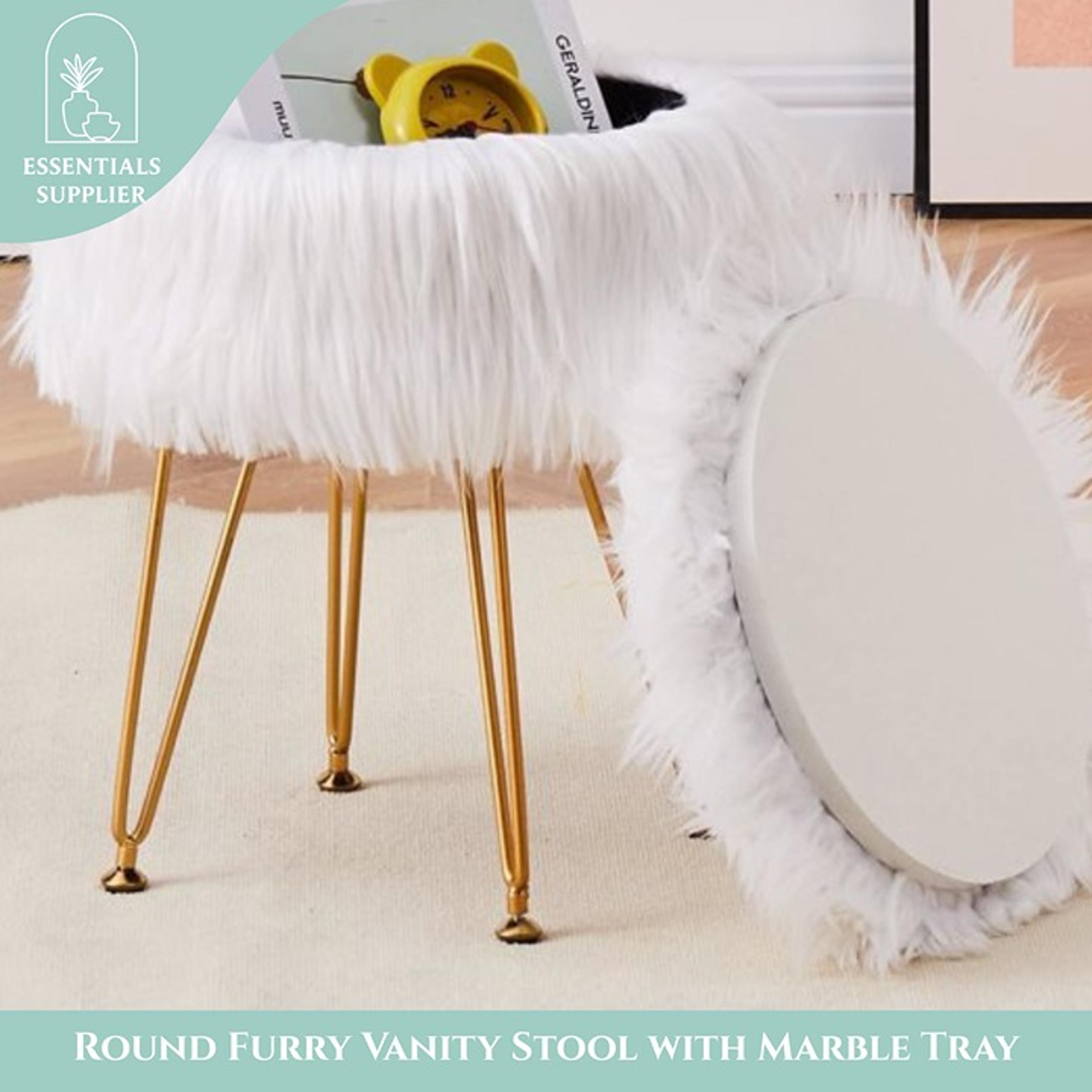 Faux Fur Ottoman Stool with Marble Tray, Footrest & Storage, White Vanity Seat