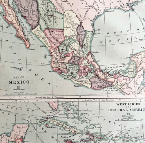 1879 Map Mexico West Indies Central America Victorian Geography 1st Ed DWAA9