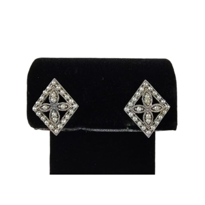 Vintage Sterling Silver Diamond-Shaped Faux Pearl Earrings