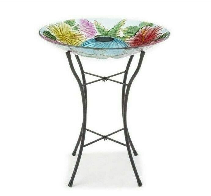 Bird Bath Glass Bowl /Feeder,LED Light,Metal Legs Hummingbird