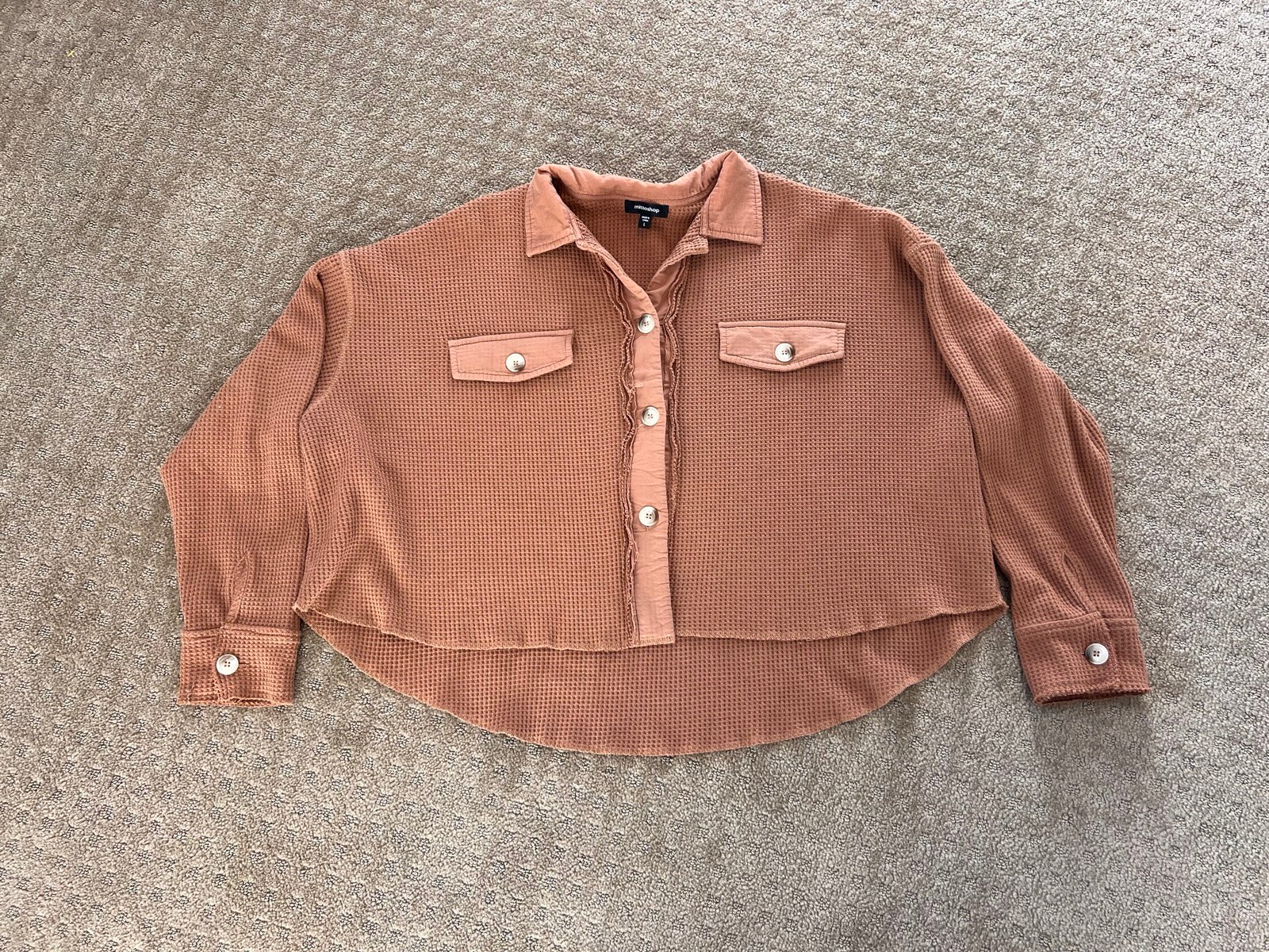 Mittoshop women’s brown waffle knit cropped shacket size Large button up boho