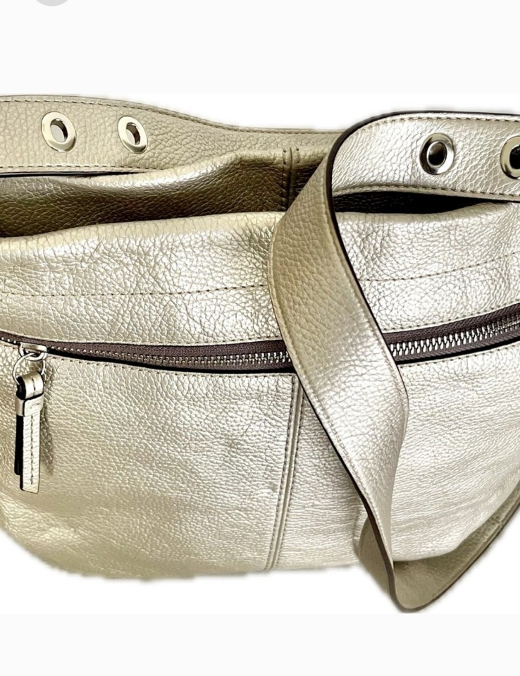 Coach Silver Metallic Pebble Grain Leather Two-Way Handbag Silver Hardware.