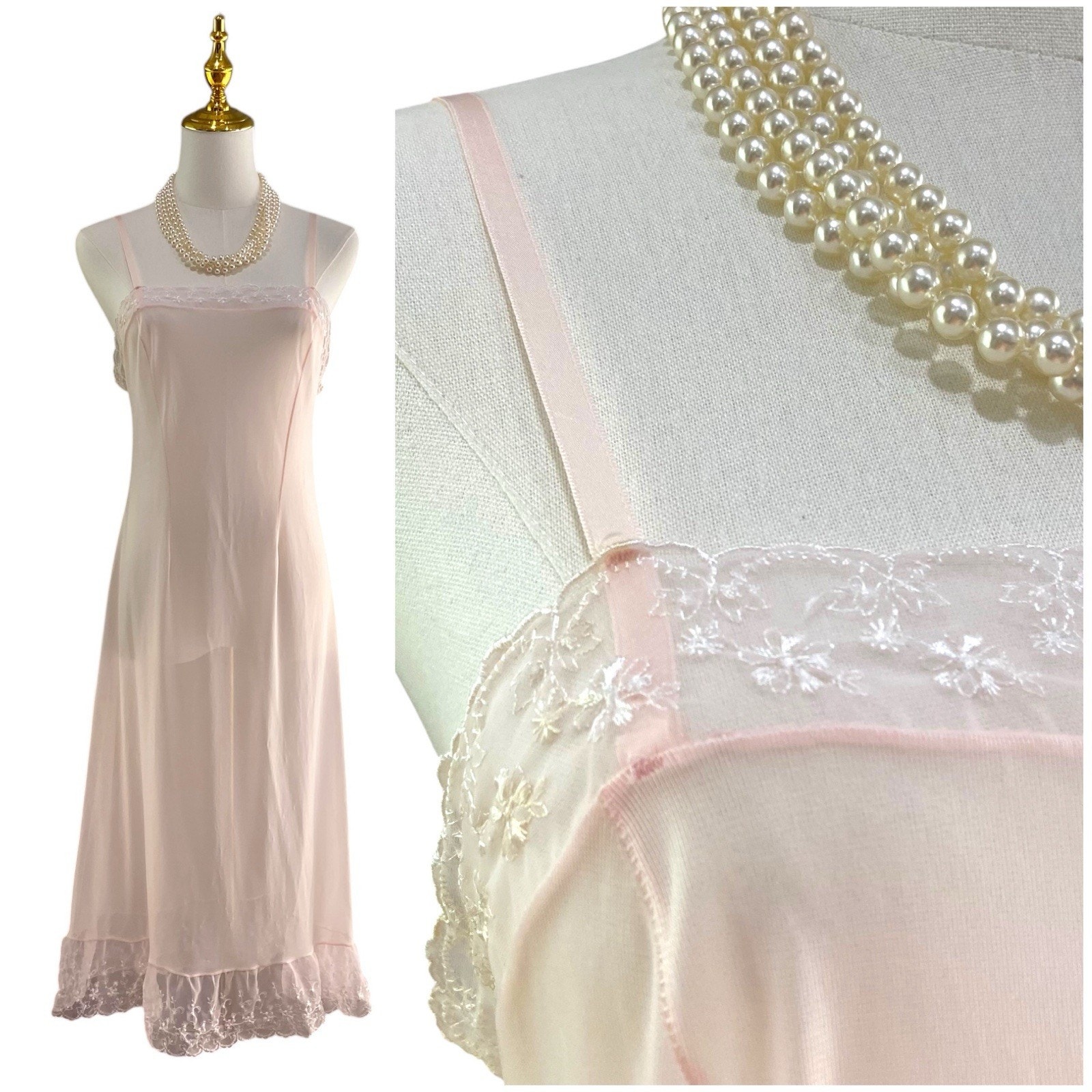 Vintage 60s Atlas Sheer Pink PERLON Lacy Pinup Full Slip Dress Size 44 EU - US M