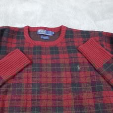 VTG Polo Ralph Lauren Wool Sweater Mens Small Red Black Plaid Long Sleeve Crew
