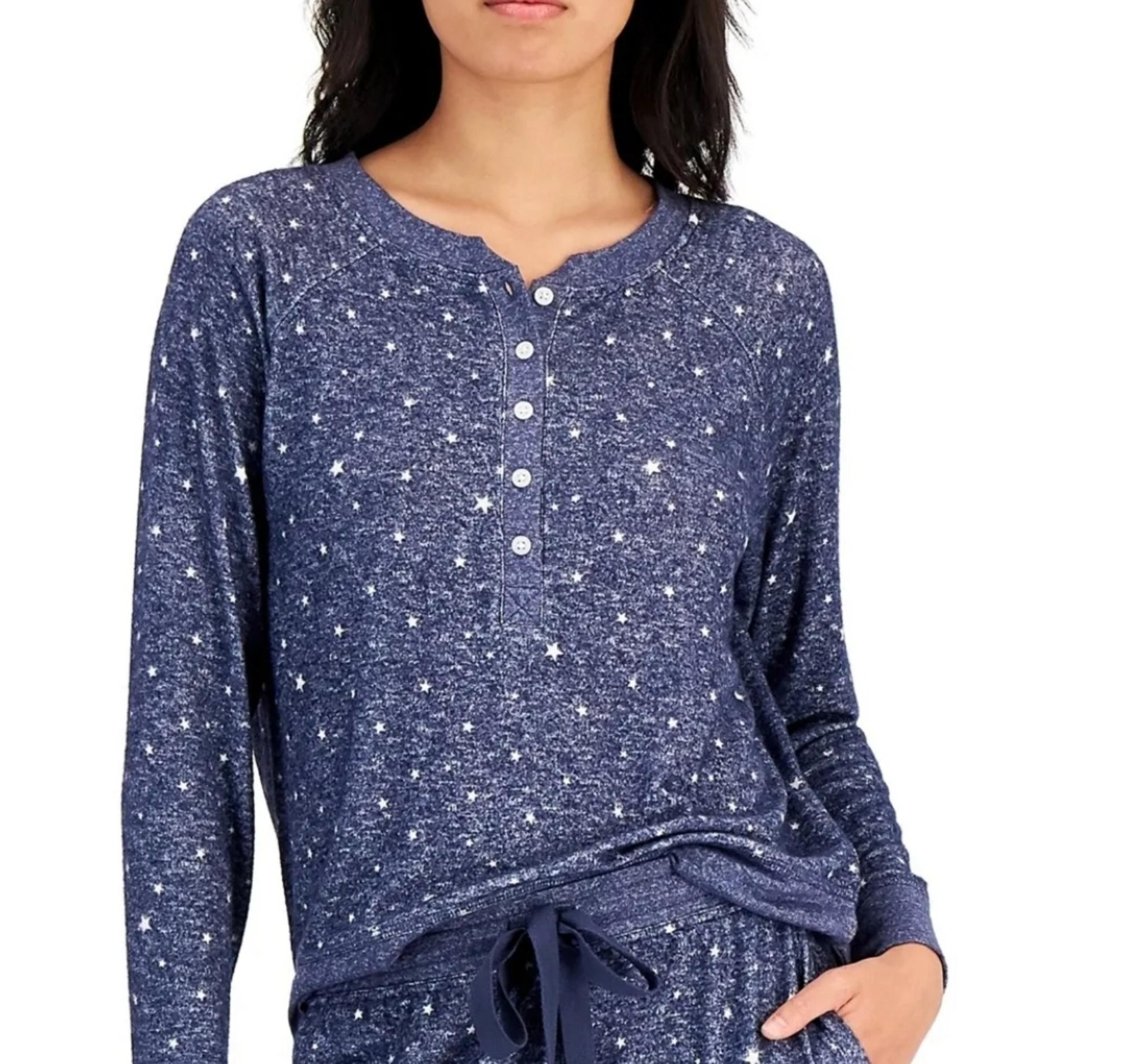Alfani Women's Long-Sleeve Hacci Pajama Top Large Blue Star