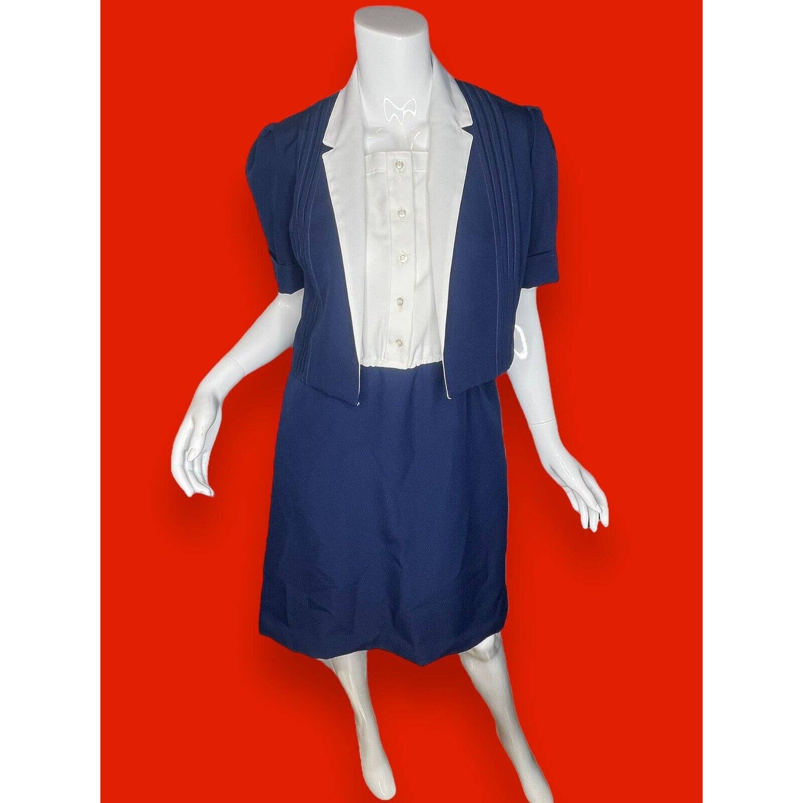 Mint! Vintage 70s Two Piece Dress Suit Set Navy Blue White Medium/Large Volup