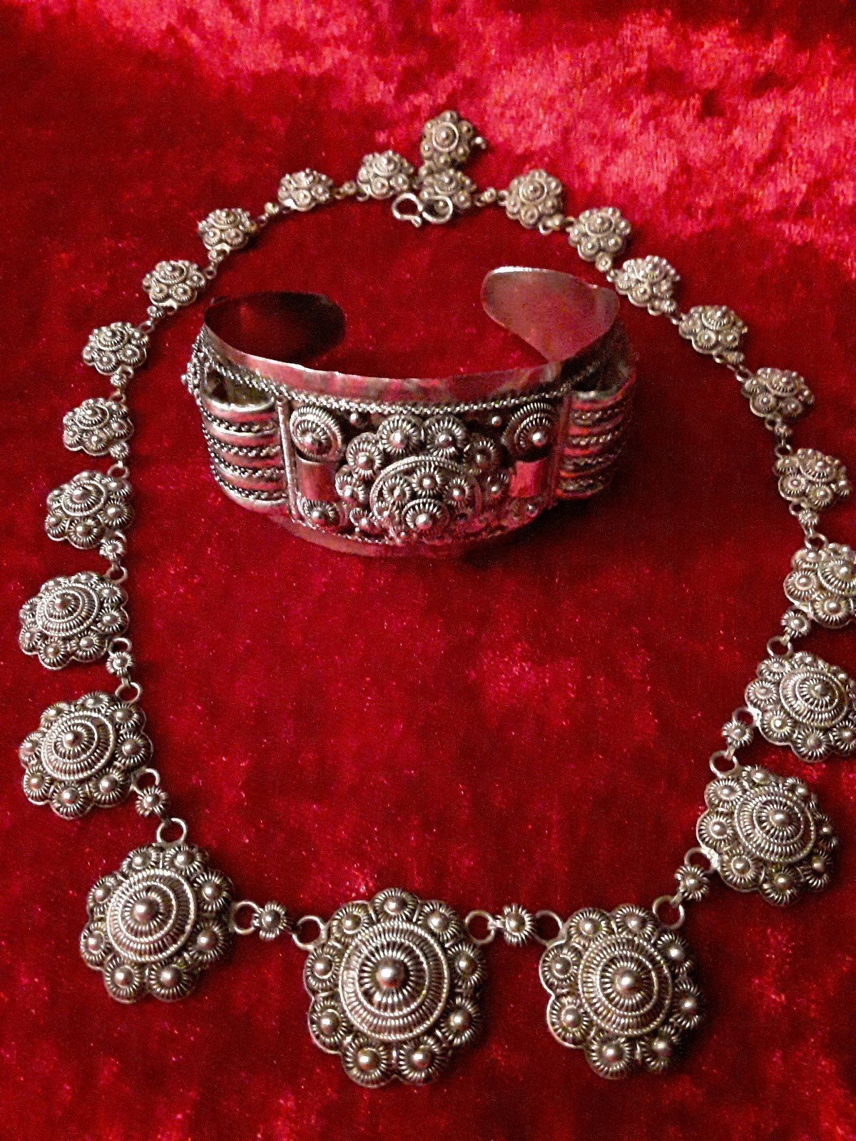 Antique Signed Silver Cuff Bracelet and Necklace Set