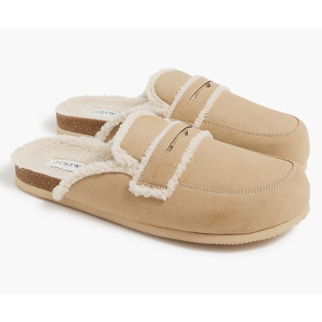 J Crew Women’s Tan Slip On Fur Lined Comfort Loafer Sandals NWOT Slippers Sz. 8