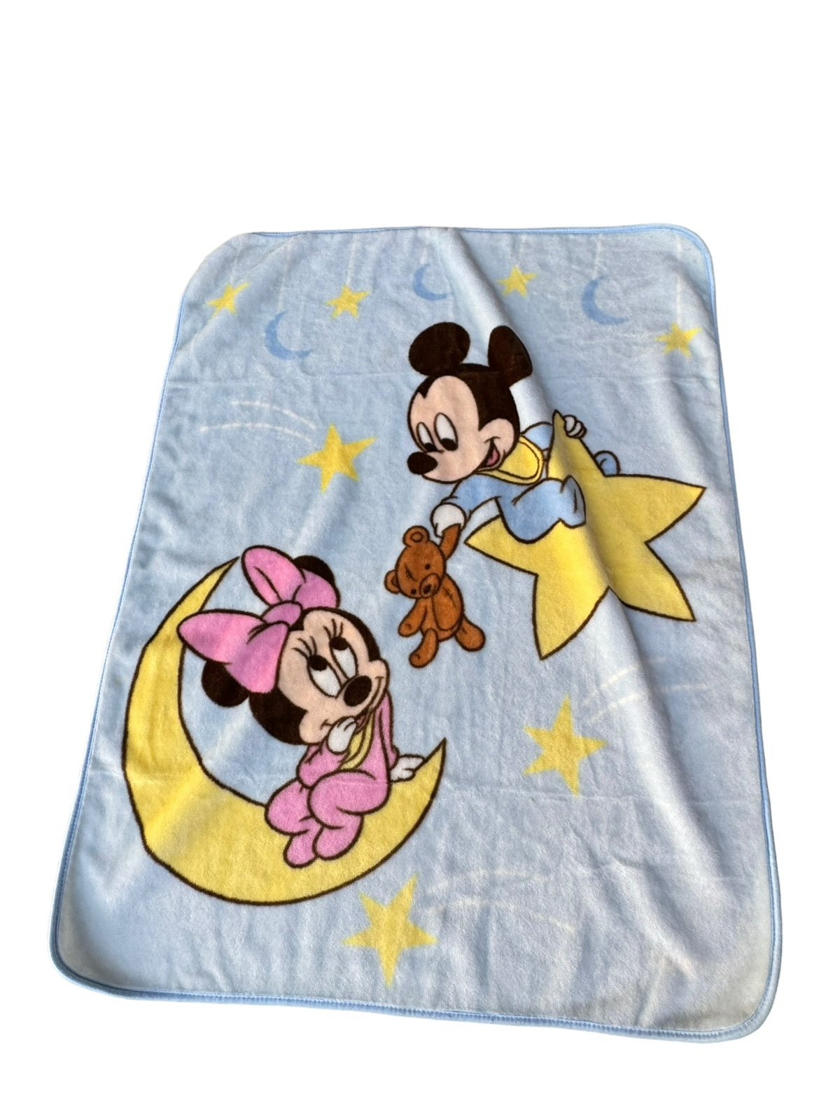 Vintage Disney Baby blue soft Blanket Mickey Minnie Moon Star