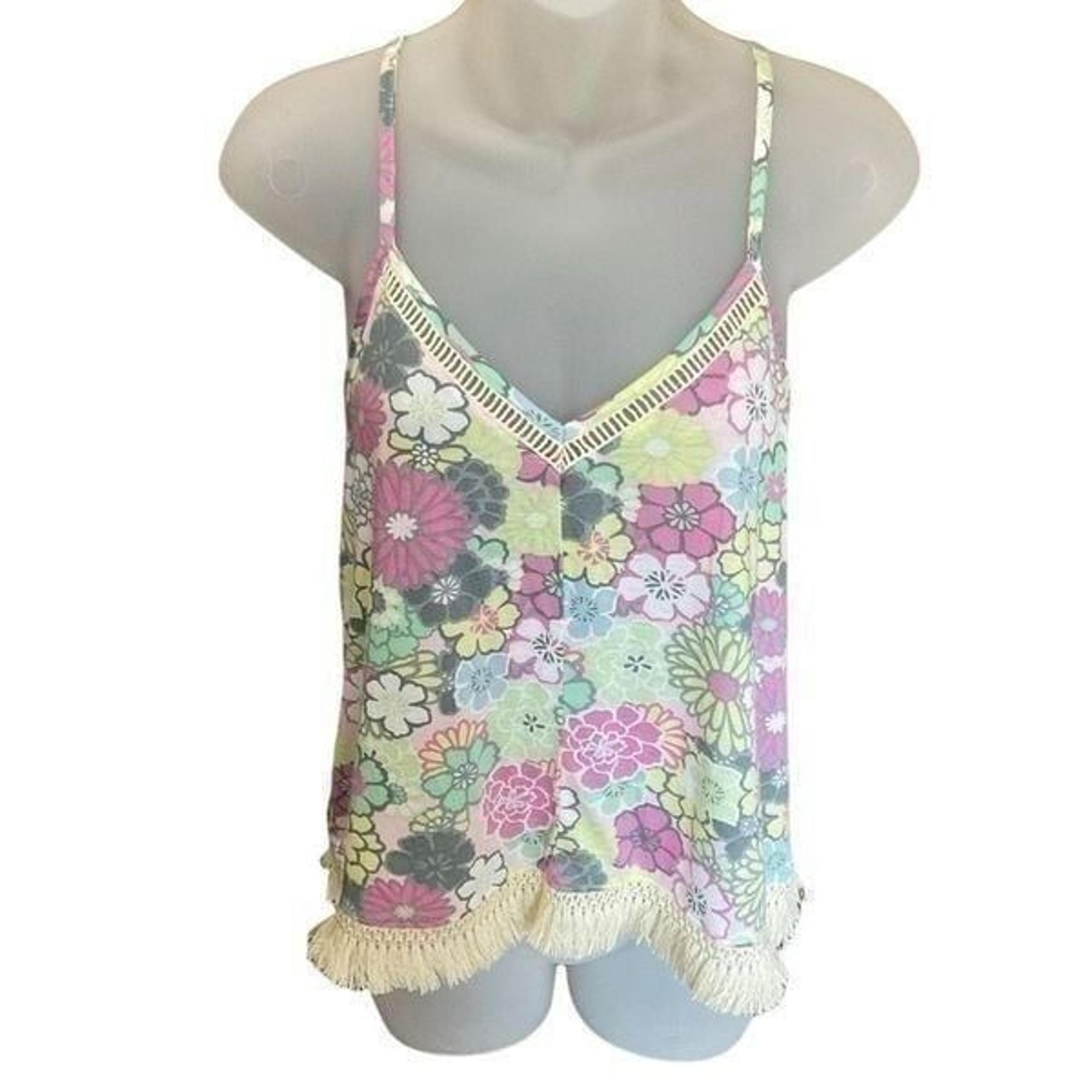 Xhiliration Pajama Top Fringe Cream Pink Floral Crisscross Back Straps Medium