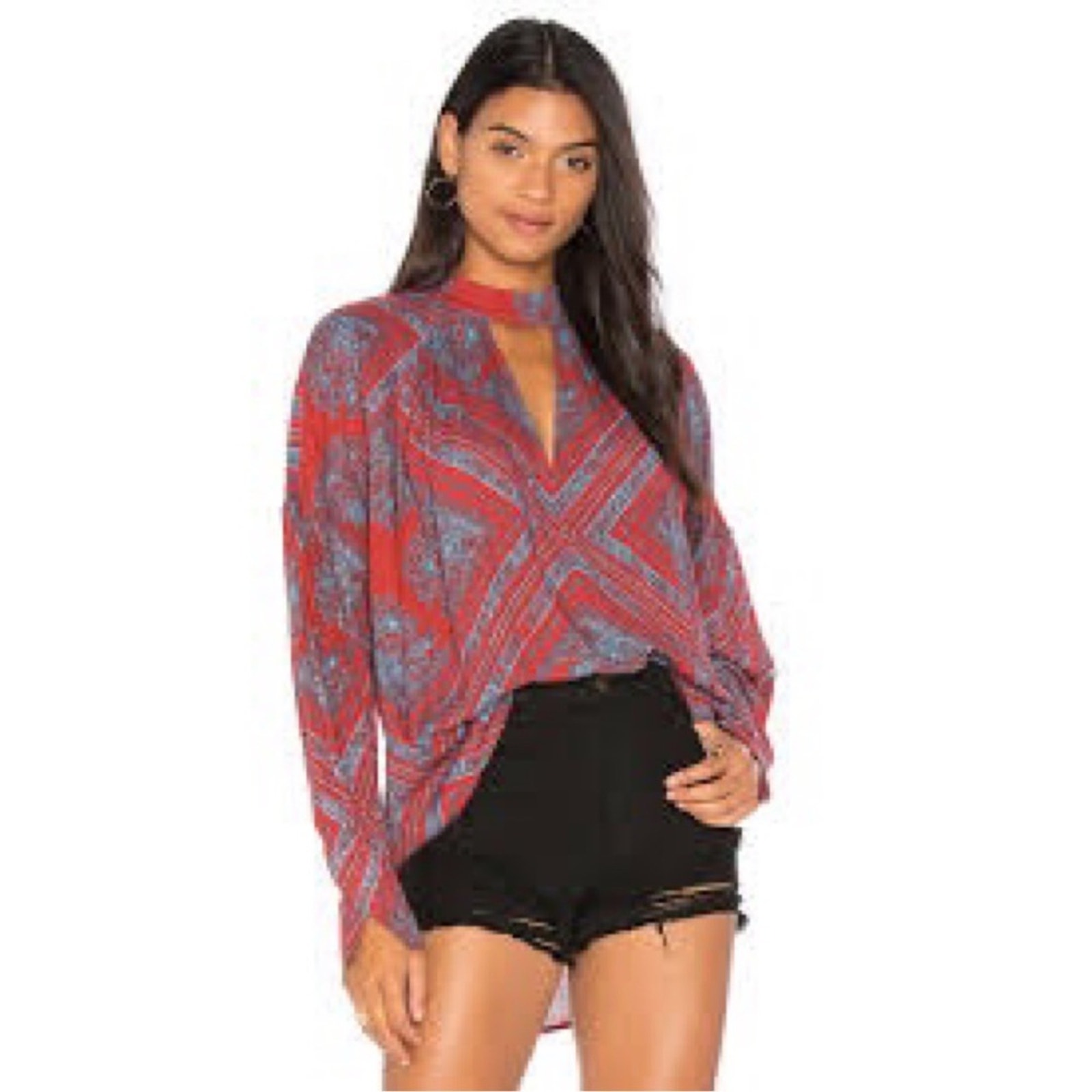 Free People Walking on a Dream Red Blue Aztec Tunic top