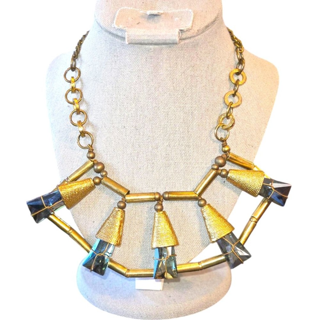 Y2K VTG Pam Hiran for Anthropologie Blue Glass Gold Tone Statement Necklace 24
