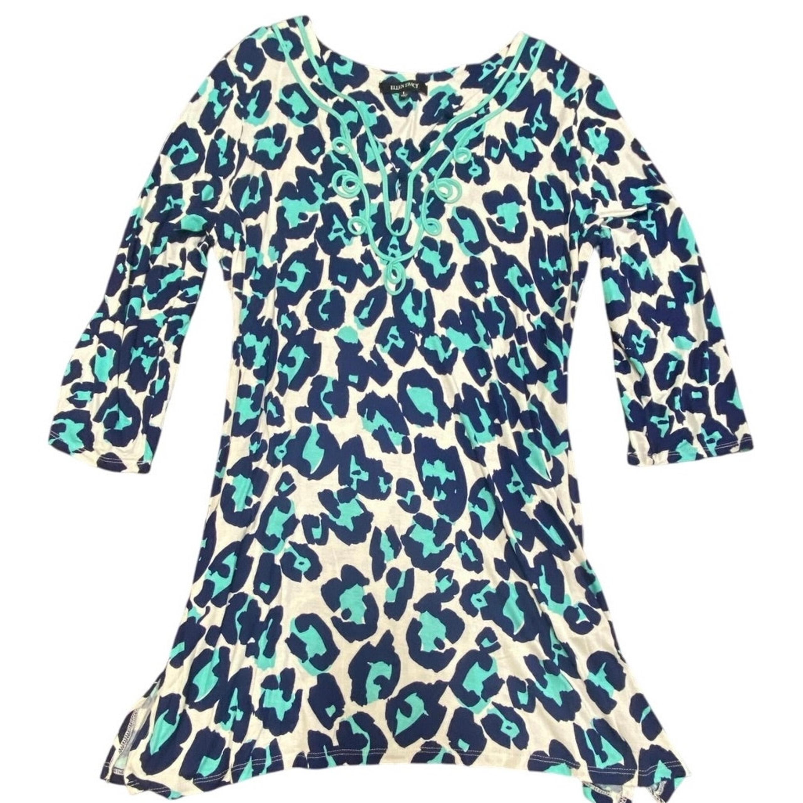 Ellen Tracy Blue Leopard Print Tunic Top Size L – Boho 3/4 Sleeve Blouse