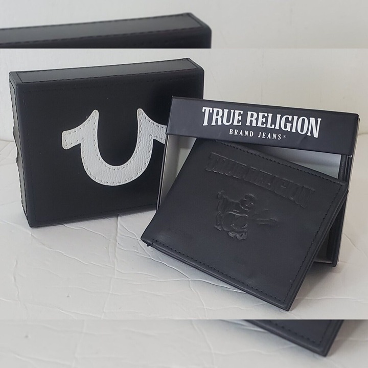 TRUE RELIGION LEATHER BIFOLD BLACK WALLET BUDDHA EVANS LOGO CONCERT RIFD PROTECT