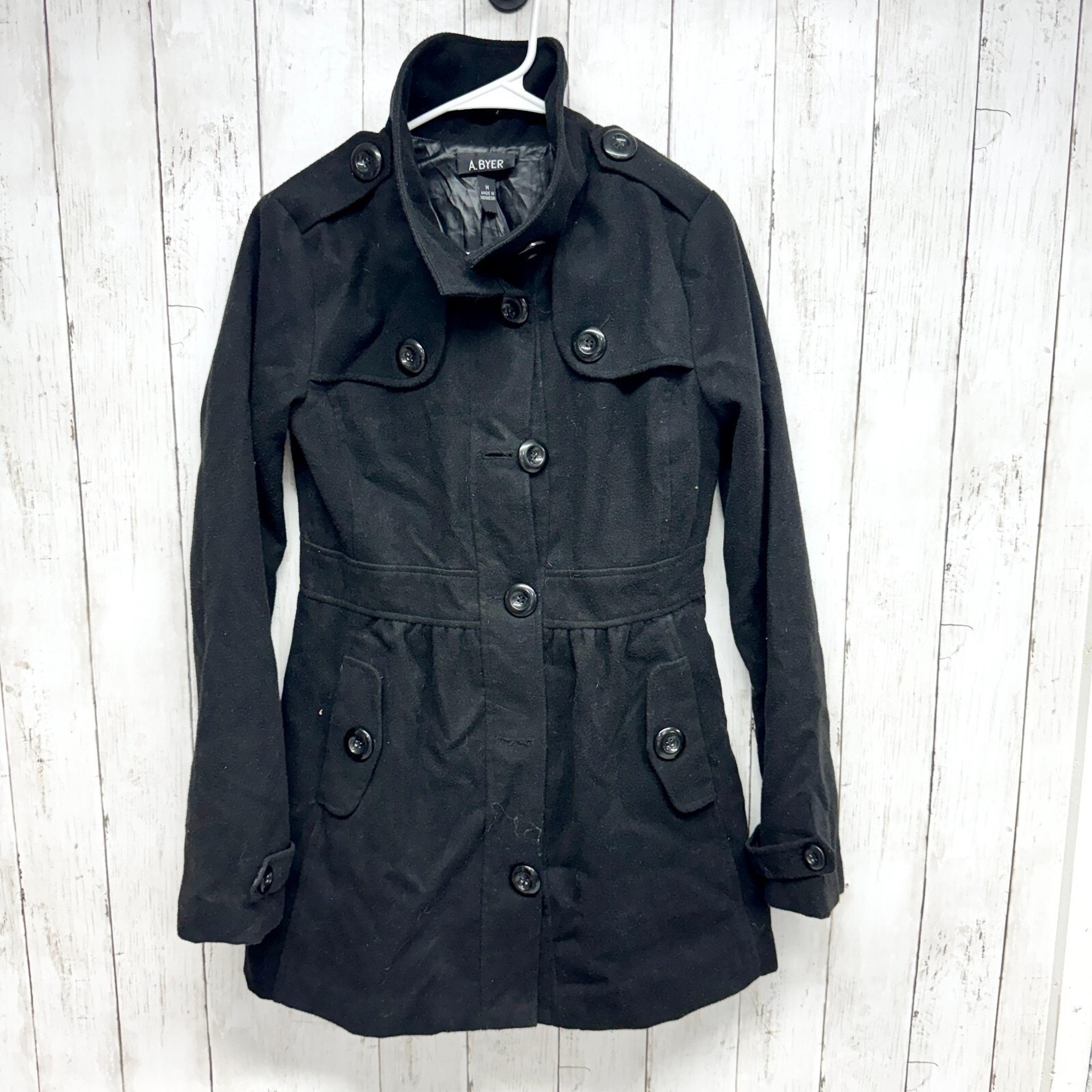 A. Byer Coat Women Medium Black Collared Peacoat Front Flap Over Button Pockets
