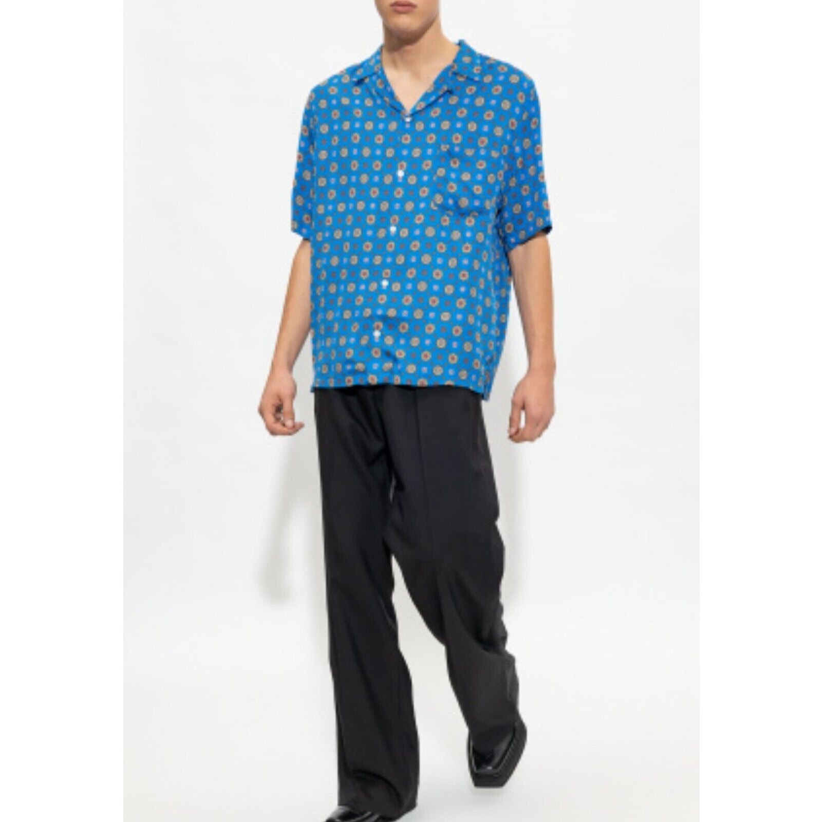 ALLSAINTS Emblem Patterned Relaxed Fit Short Sleeve Blue Shirt Size M