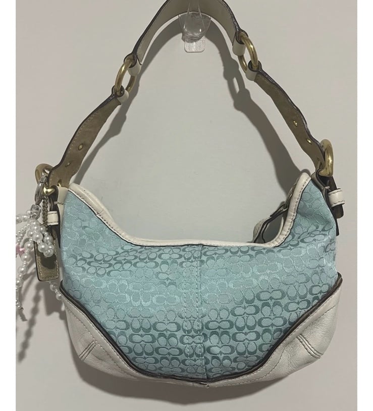 Y2k Vintage COACH Rare Sky Blue Mini Signature Hobo with Metallic Gold trim Sho