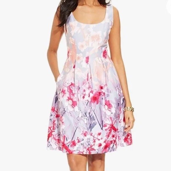 Nine West 14 Floral Fit and Flare Dress Sleeveless Pockets Party Cocktail Event