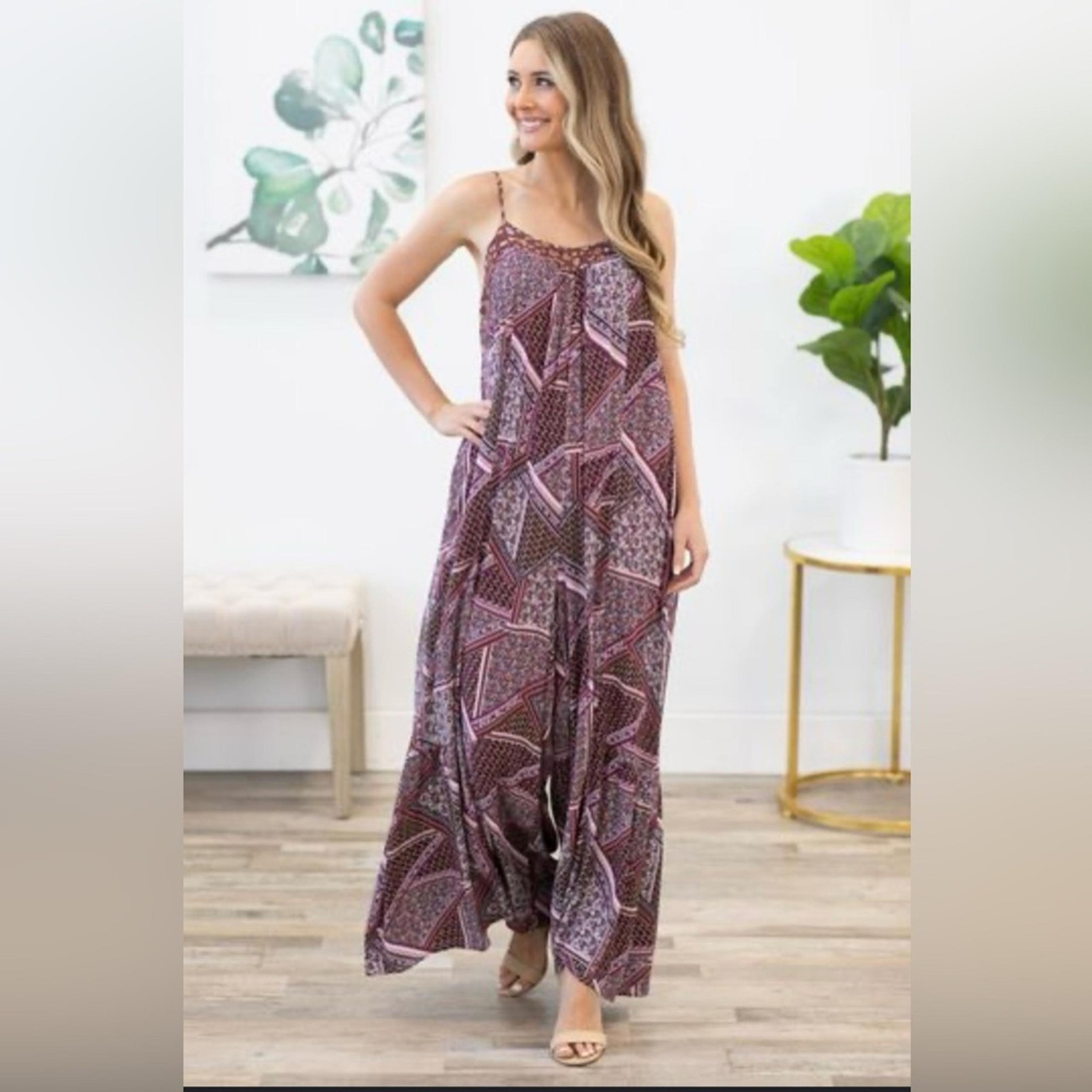 Kori Women's Purple Floral Bohemian Sleeveless Wide Leg Loose Fit Jumpsuit Small