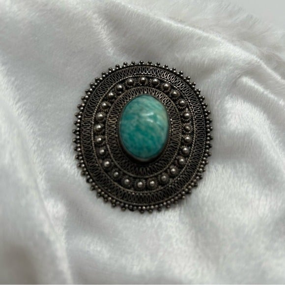 VTG Sterling Silver Yemenite Israel TurquoisePendant / Pin Brooch, Stamped