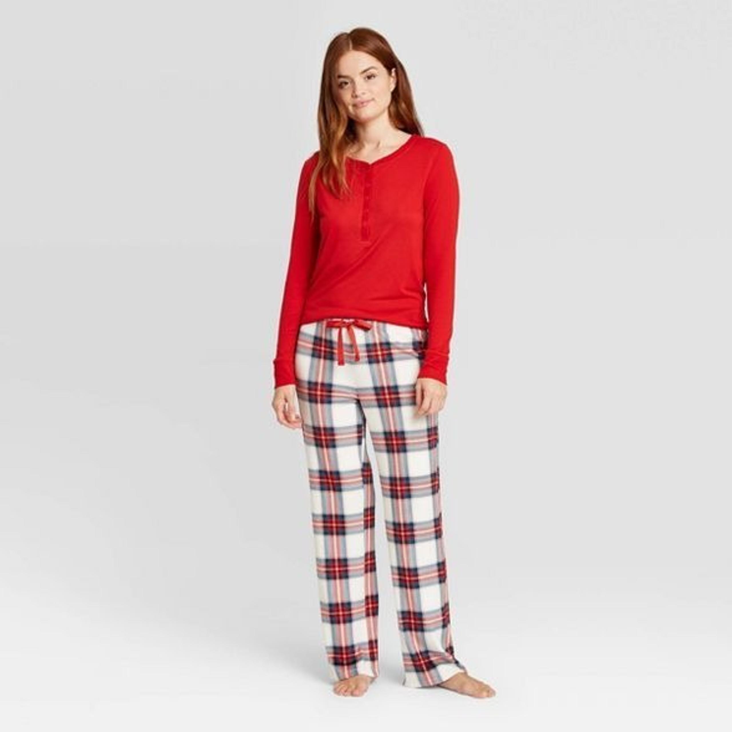 Women 1p henley fleece pajama pant red L