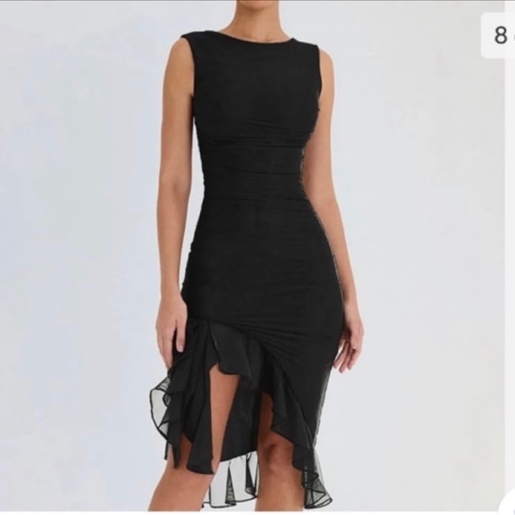 BLACK ASYMMETRICAL RUFFLE HEM RUCHED DRESS