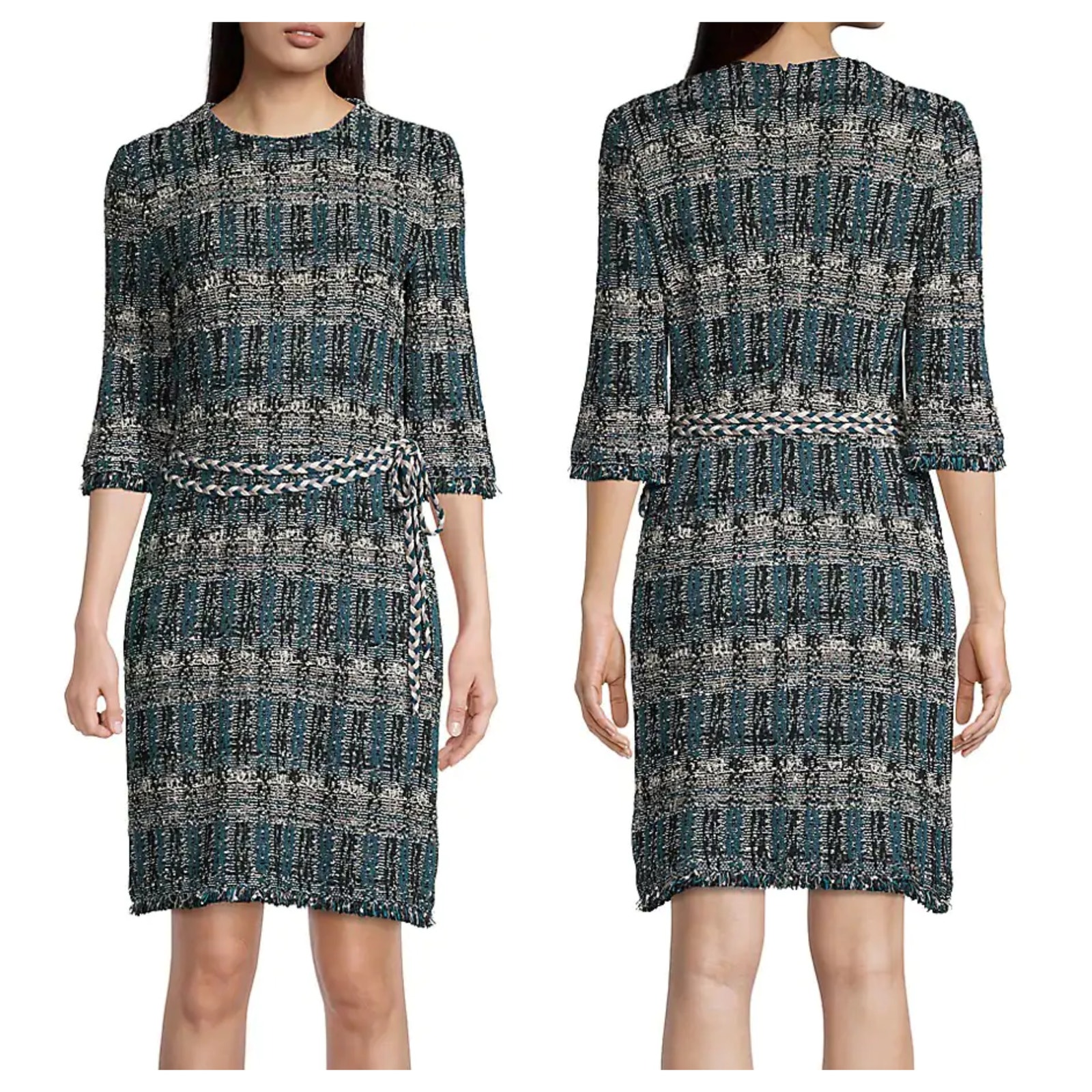Misook Women's Fringe Trim Galaxy Tweed Knit Dress Sheath Quarter Sleeve Small