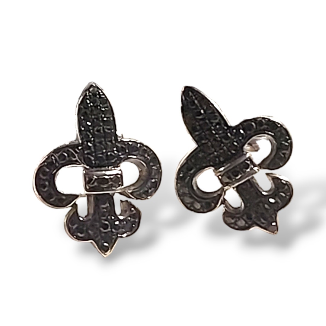 925 Sterling Silver Round Black Spinel Pavé Fluer De Lys Earrings Studs