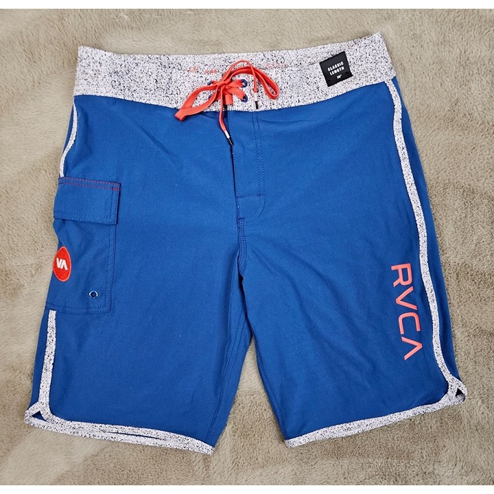 RVCA Classic Length Blue/White Noise Trim 4-Way Stretch Swim Trunks