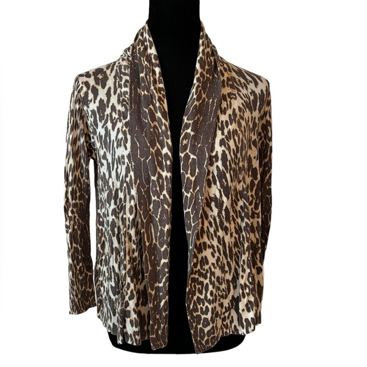 Elie Tahari Brown Leopard Print Babydoll Silk Cashmere Cardigan Sweater Small