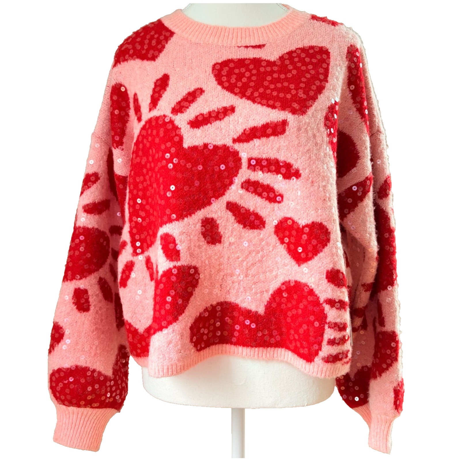 Luna Ivy Pink Red Sequins Sweater | Size Medium | Boxy cut | Preppy Kidcore