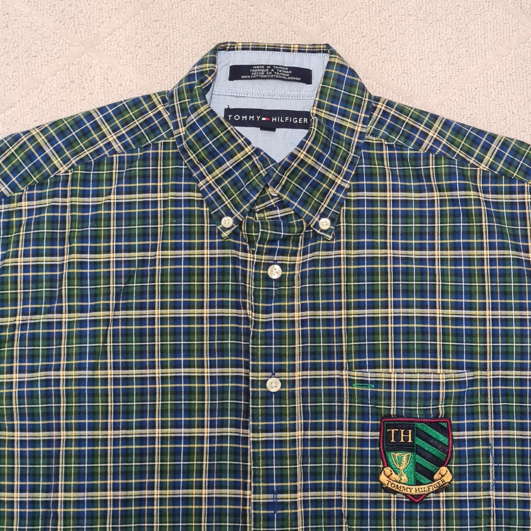 VTG Tommy Hilfiger Plaid Shirt Men's MEDIUM Long Sleeve TH Crest Patch Rare
