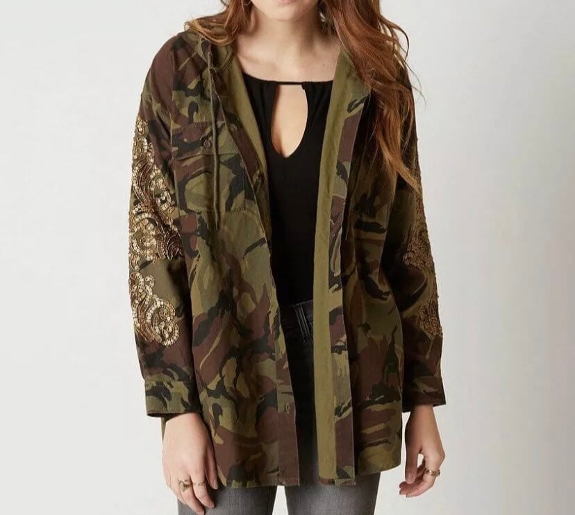 MISS ME Hooded Camo Shirt Jacket Sequin