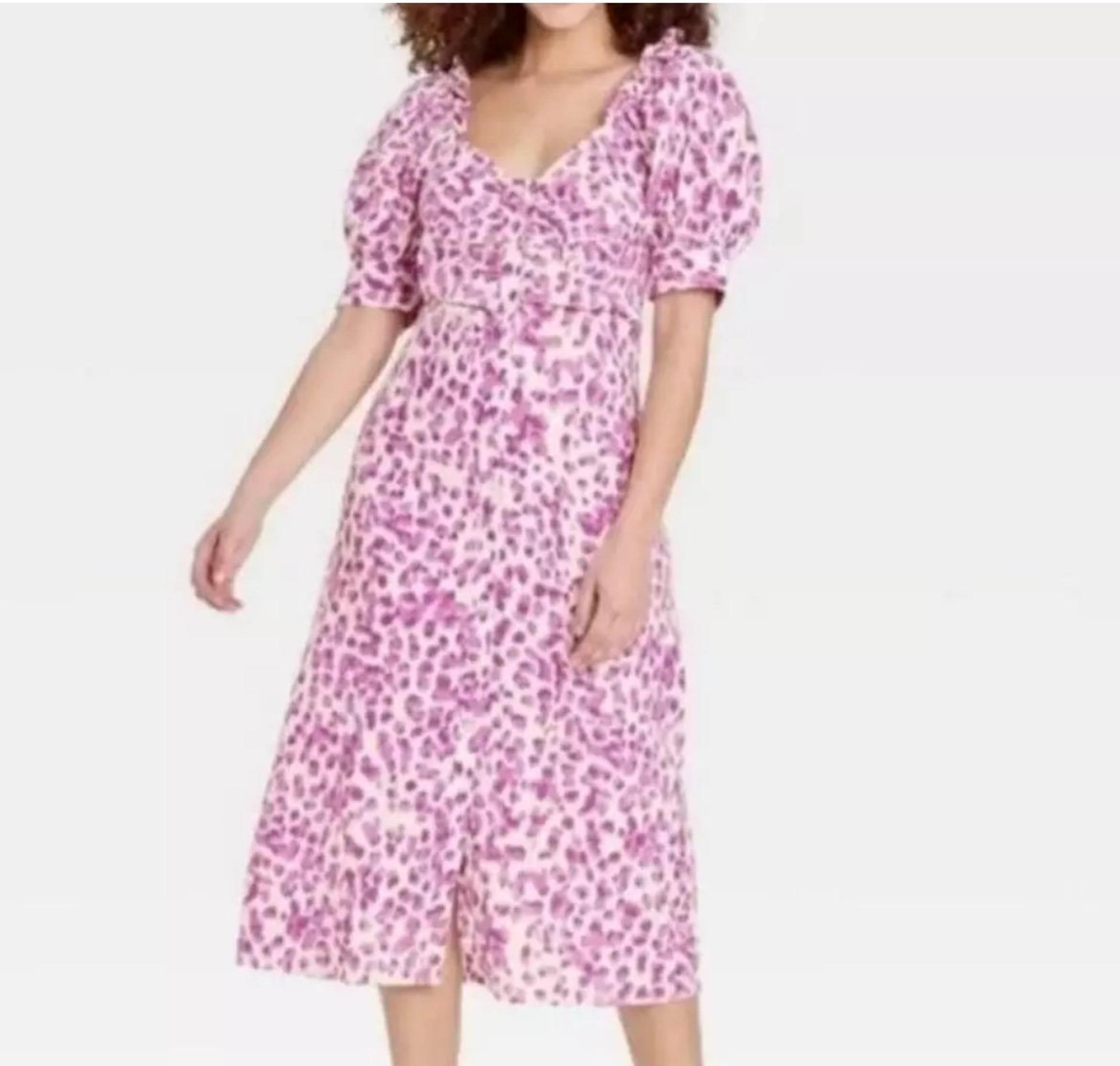 Who What Wear Linen Blend Button Fromt Puff Sleeve Midi Dress Size S